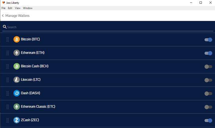 Jaxx Liberty Wallet Kryptowährungen