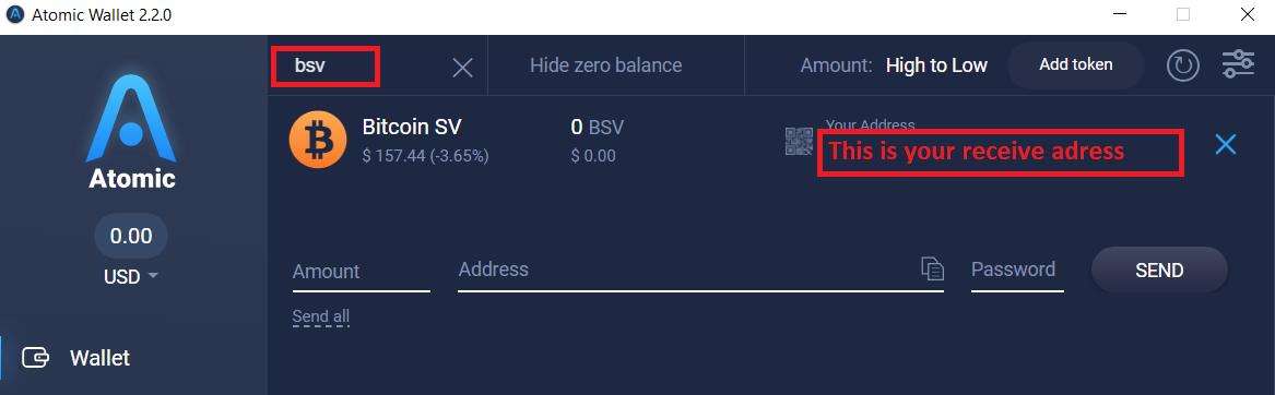 Bitcoin SV receive and send with the Atomic Wallet