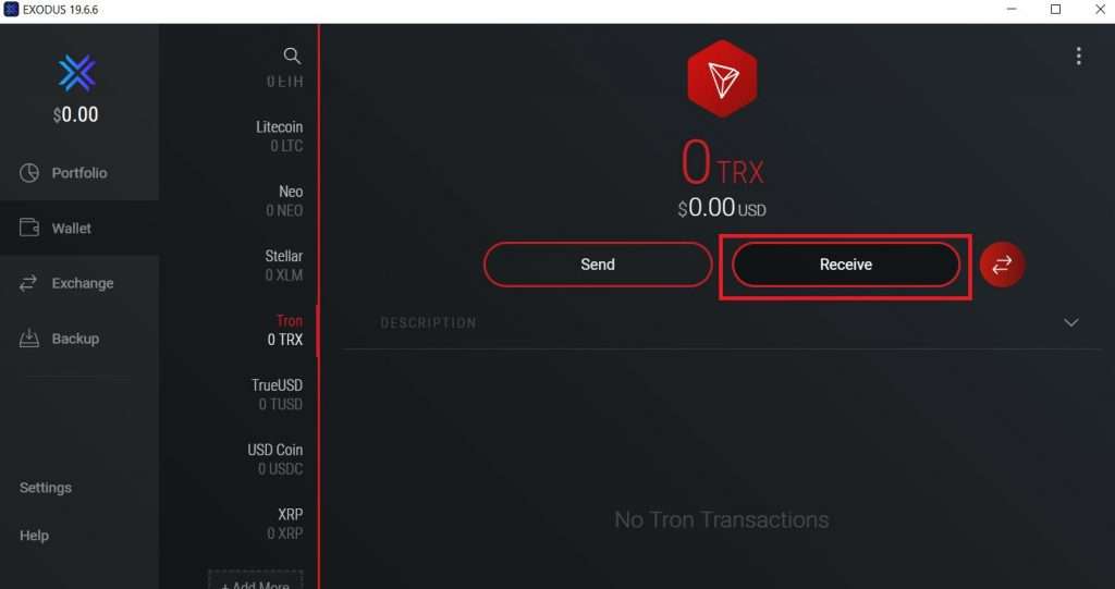 enviar y recibir TRX con billetera Exodus