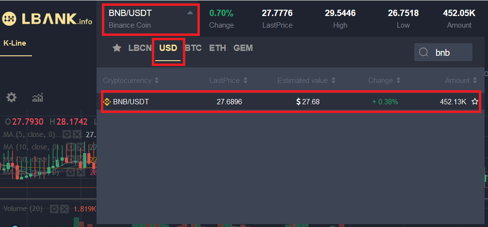 Buy Binance Coin with Tether Step 1