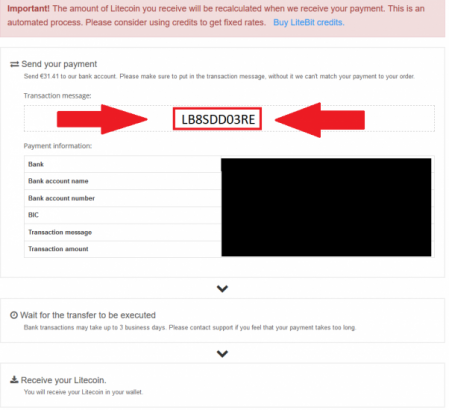 Mensaje de transacción para la compra de Litecoin por transferencia bancaria