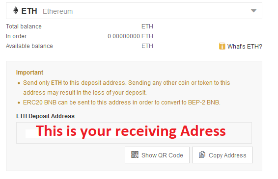 Receiving Adress for Ether in Binance