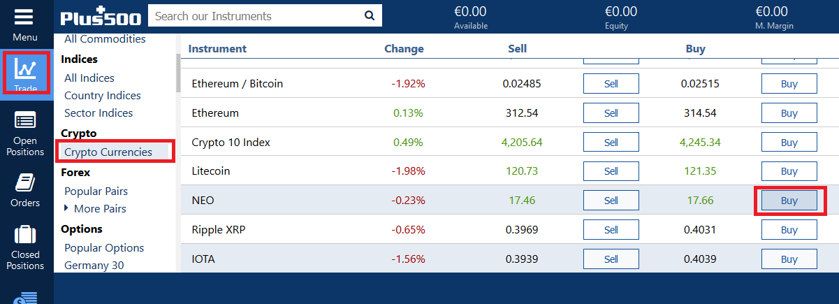 Buy NEO on Plus500 Step 1