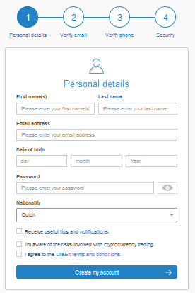 Buy cryptocurrencies on Litebit register process