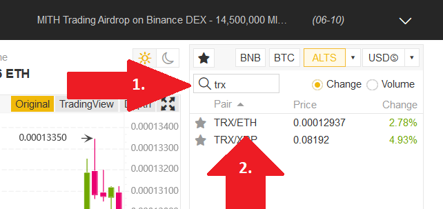 Buy TRON / TRX on Binance Step 2 finding buying interface
