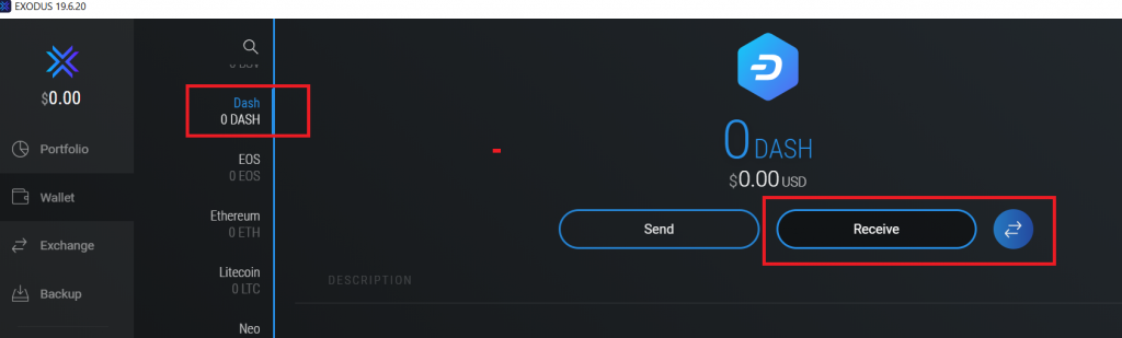 Send and receive DASH Exodus wallet