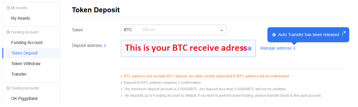 Deposit Bitcoin on OKEx