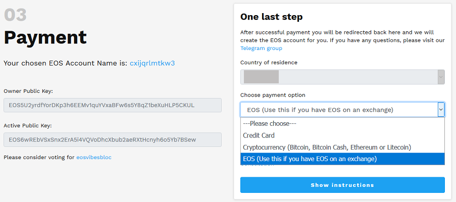 Payment for EOS Account