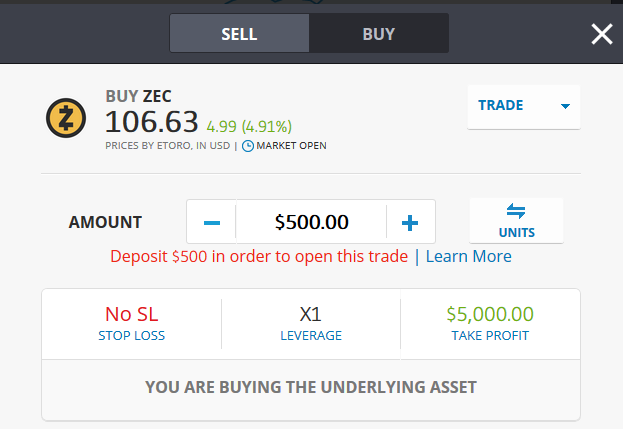 ZCash Kauf auf eToro