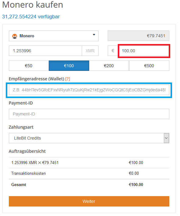 Monero erwerben auf Litebit Schritt 2 Kaufübersicht