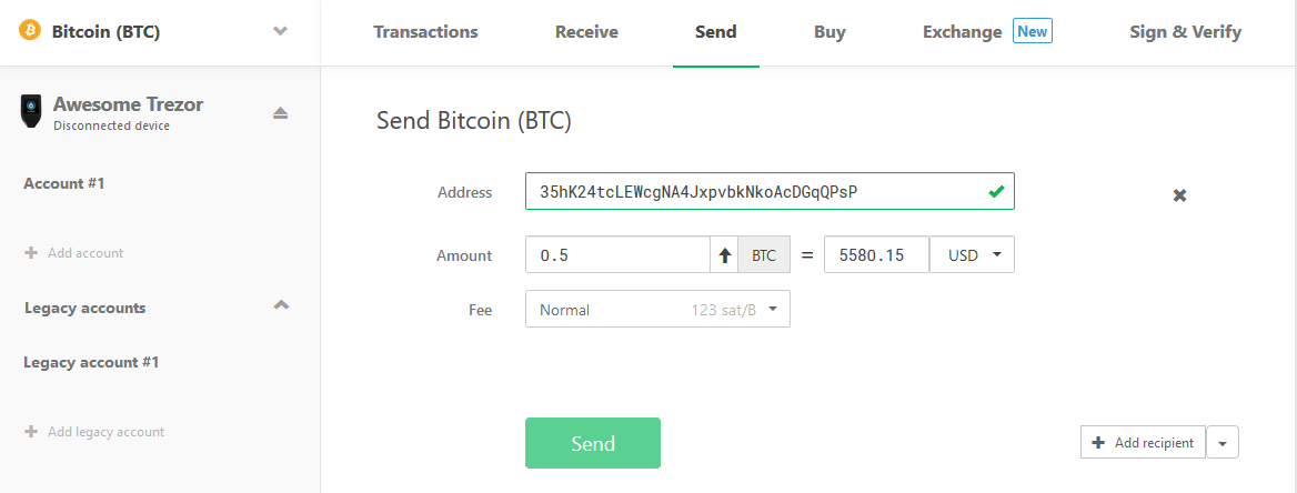 Send Bitcoin with the Trezor One